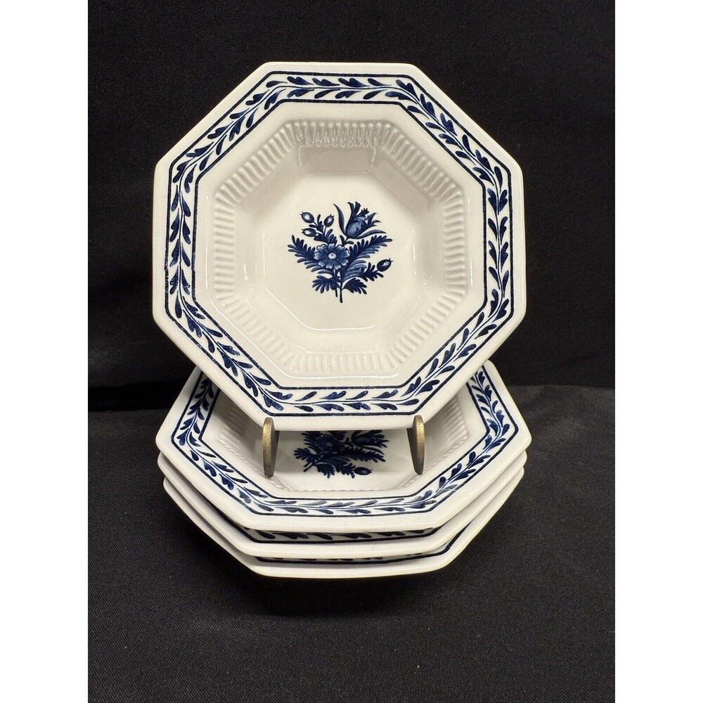 Set Of 4 Independence Castleton Octagon Ironstone Blue Tulip Berry Bowls 5.75”